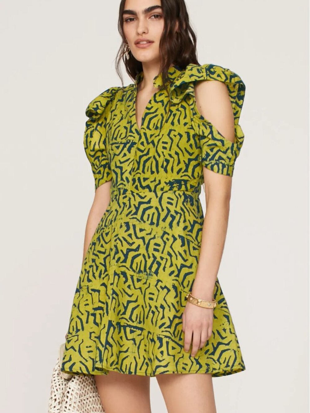 KAHINDO Mali Mini Dress Cotton Hand dyed Adire Print Puff Sleeves Cutout Summer - Picture 12 of 16